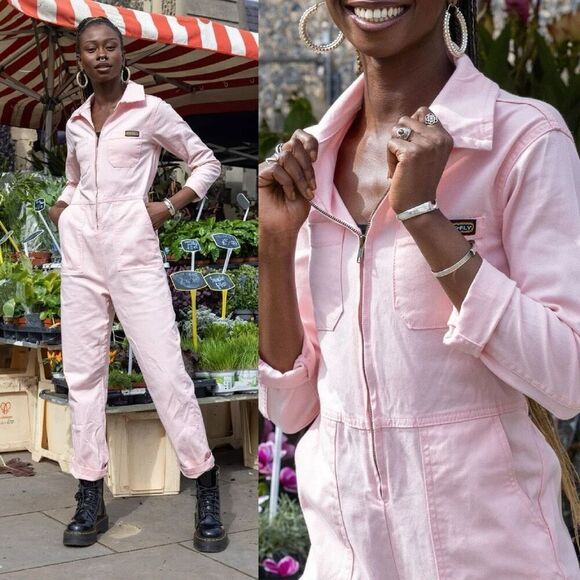 Run and Fly Women’s Pastel Pink Cotton Twill Zip Up Boiler Long Sleeve Jumpsuit - Picture 1 of 11